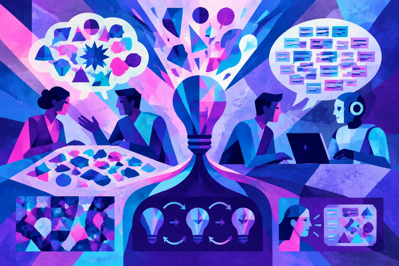 AI-generated conceptual illustration for “Human pairs produced more creative, diverse ideas than ChatGPT, study finds”.