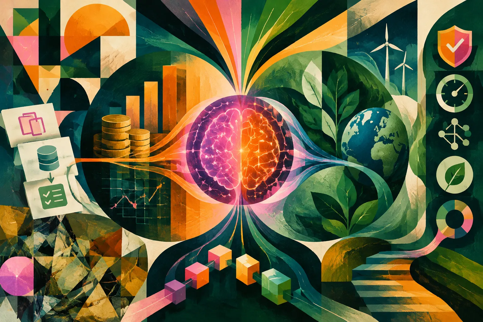 Ilustración conceptual generada con IA para «Repetición de Orange Business: IA para alinear la gobernanza de datos en Finanzas y ESG».