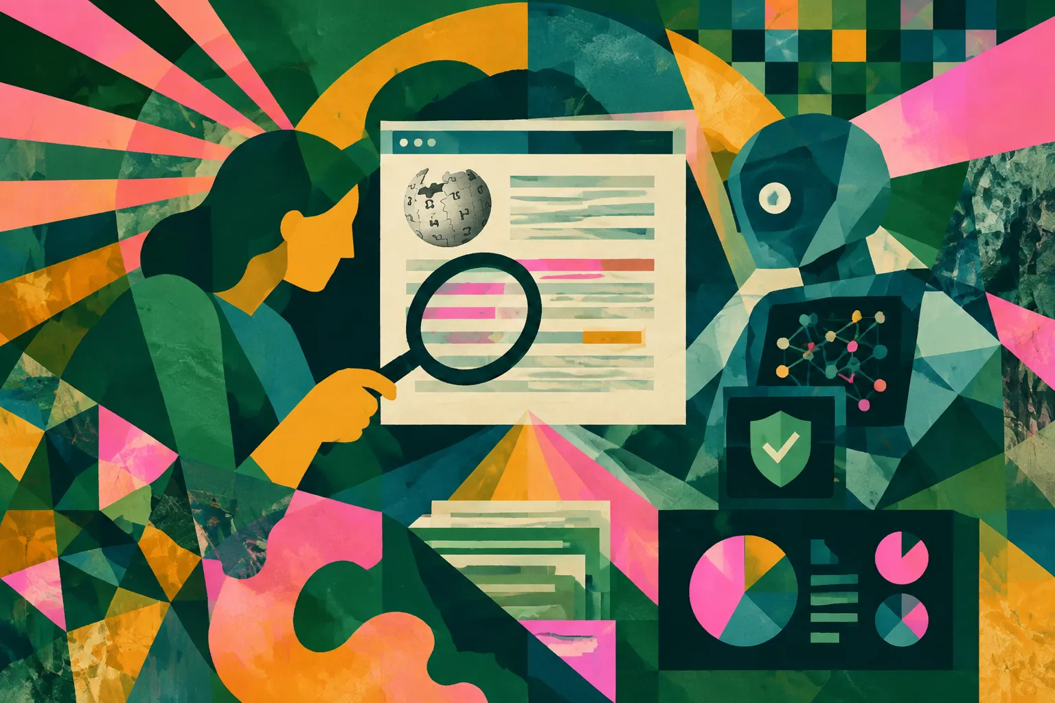 Ilustración conceptual generada con IA para «Voluntarios y herramientas contraatacan a medida que la escritura de IA se vuelve más sutil en Wikipedia».