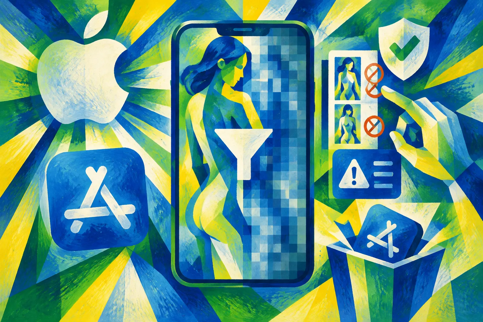Ilustración conceptual generada con IA para «Apple actualiza las reglas de la App Store para exigir el filtrado de imágenes "nudify" generadas por IA».
