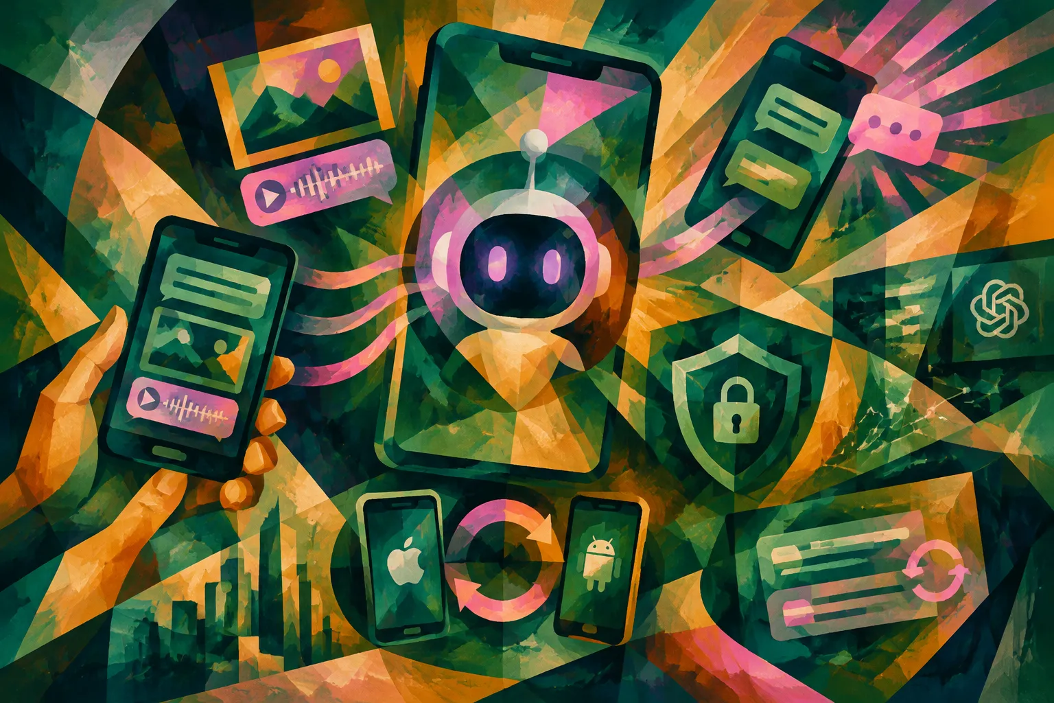 Ilustración conceptual generada con IA para «OpenAI permite a usuarios Pro de ChatGPT en EE.UU. usar iMessage y RCS para Dot».