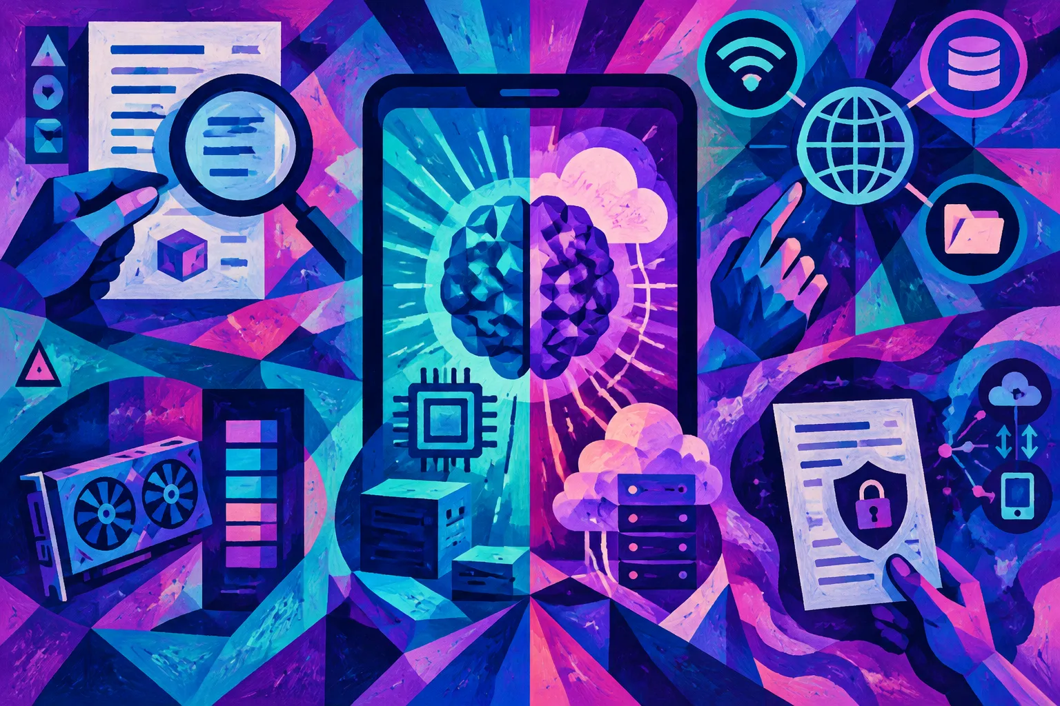 Ilustración conceptual generada con IA para «Cómo verificar si una aplicación de IA procesa datos localmente o en la nube».