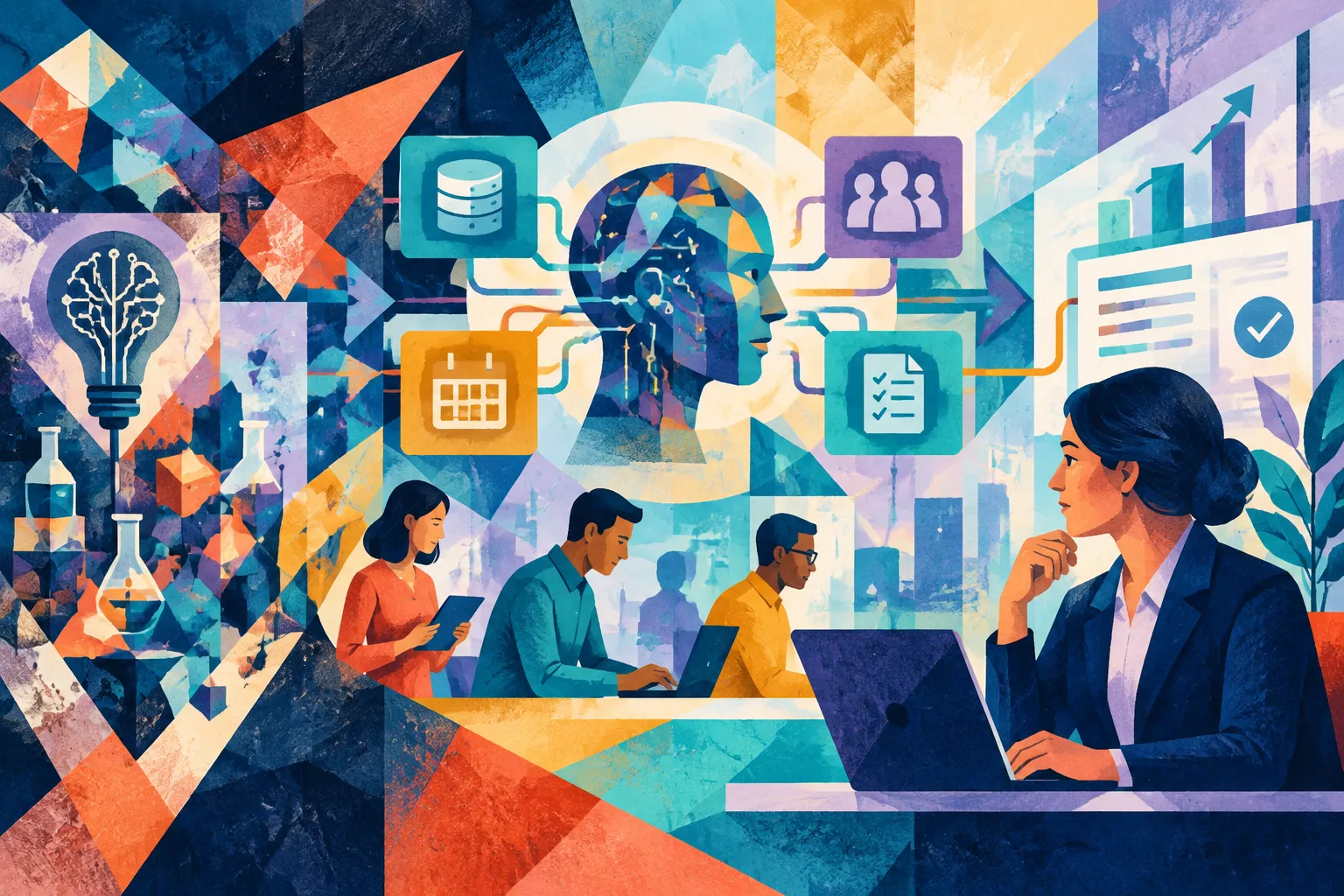 Ilustración conceptual generada con IA para «Wolters Kluwer afirma que las empresas españolas pasan de la experimentación con IA a sistemas integrados y expertos».