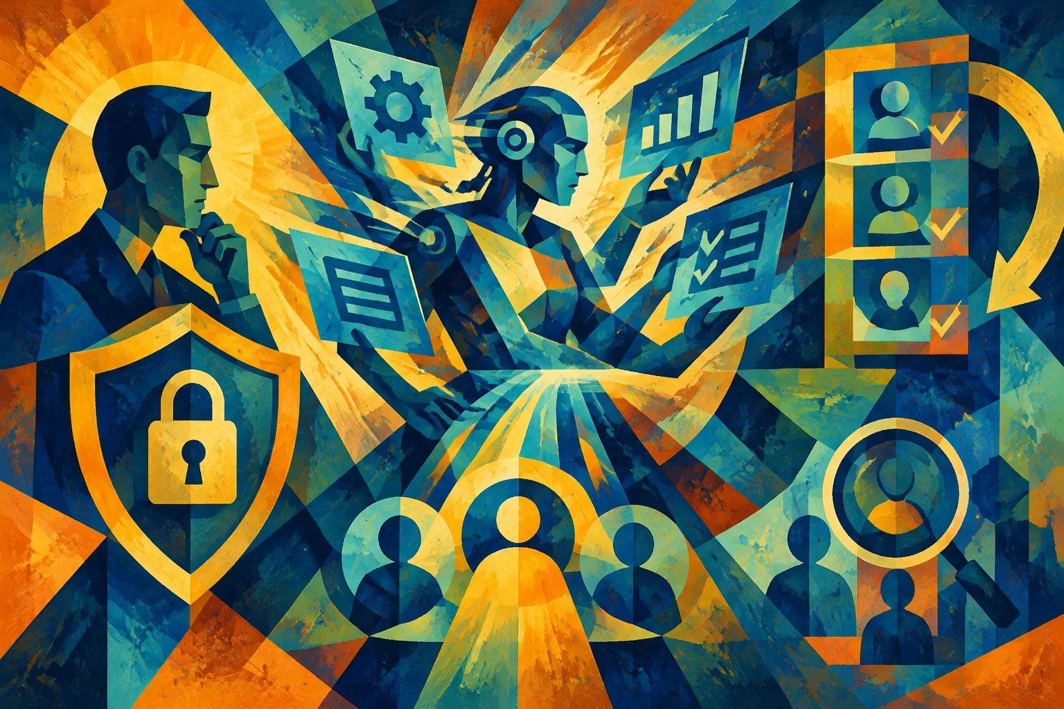 Ilustración conceptual generada con IA para «Andy Ulrich, CISO de Vonage: trate a agentes IA como identidades gestionadas, no».