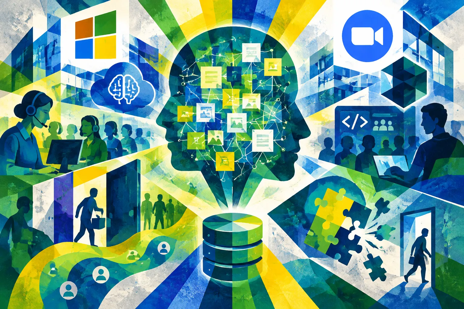 Ilustración conceptual generada con IA para «Guerras de contexto en IA: Microsoft, Zoom y proveedores de centros de contacto compiten para poseer la memoria organizacional».