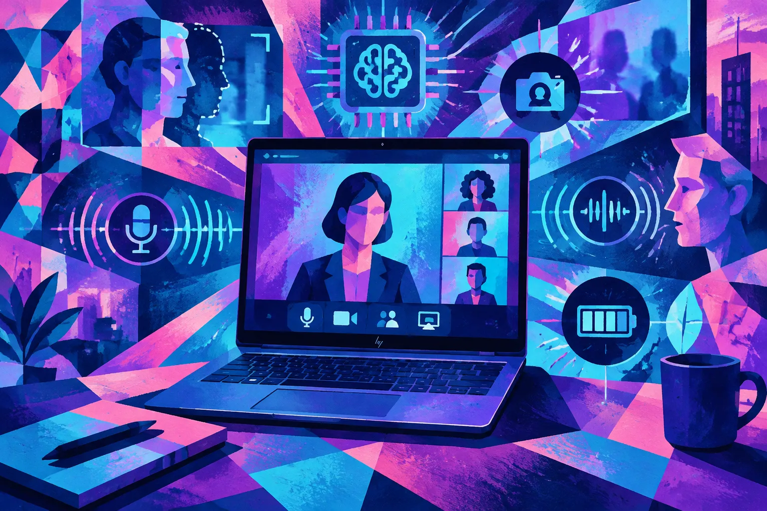 Ilustración conceptual generada con IA para «HP EliteBook X G2i posiciona la IA en el dispositivo para reducir la fricción en el lugar de trabajo».