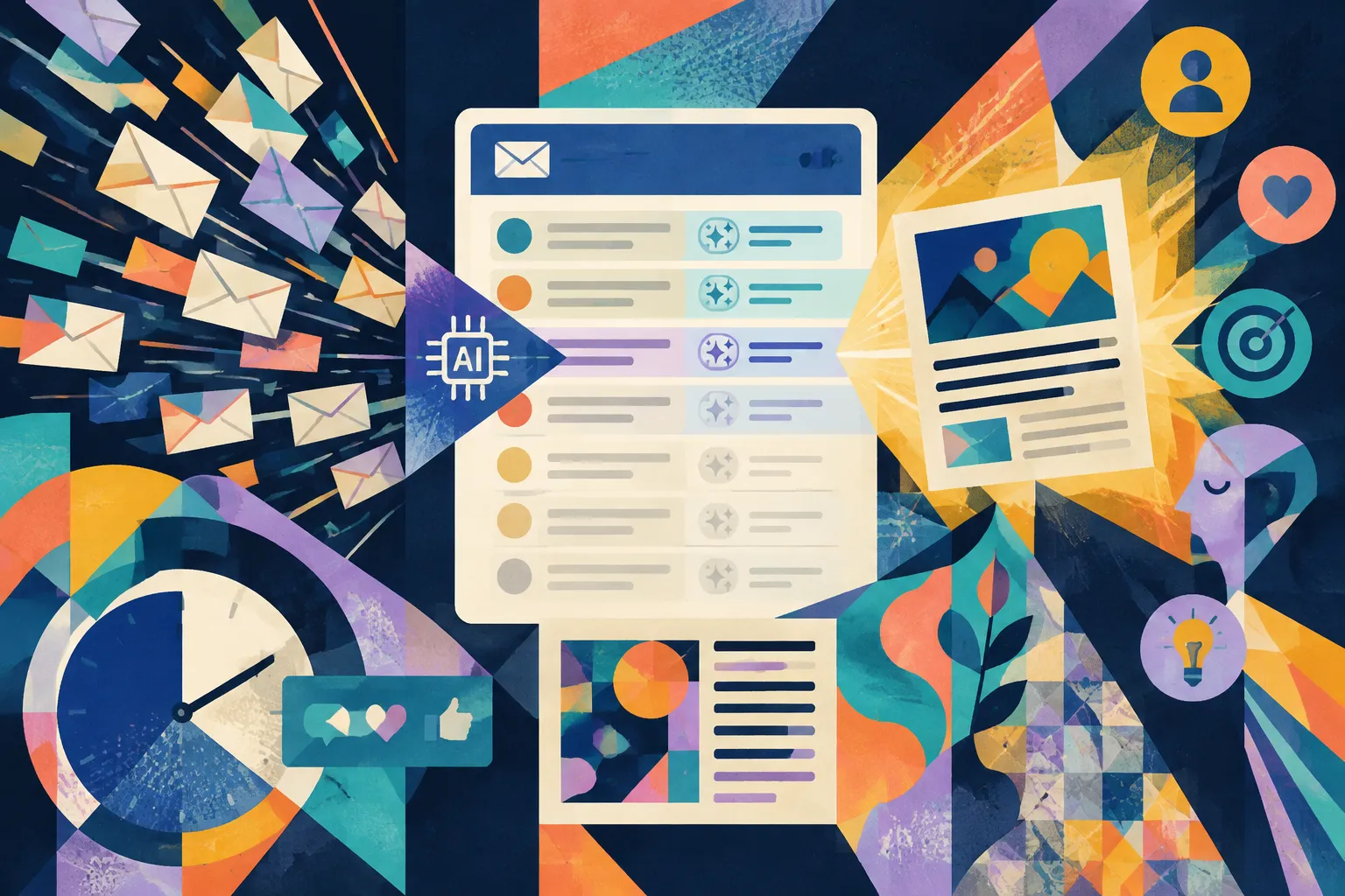 Ilustración conceptual generada con IA para «Cómo la IA en la bandeja de entrada está transformando la estrategia de newsletters».