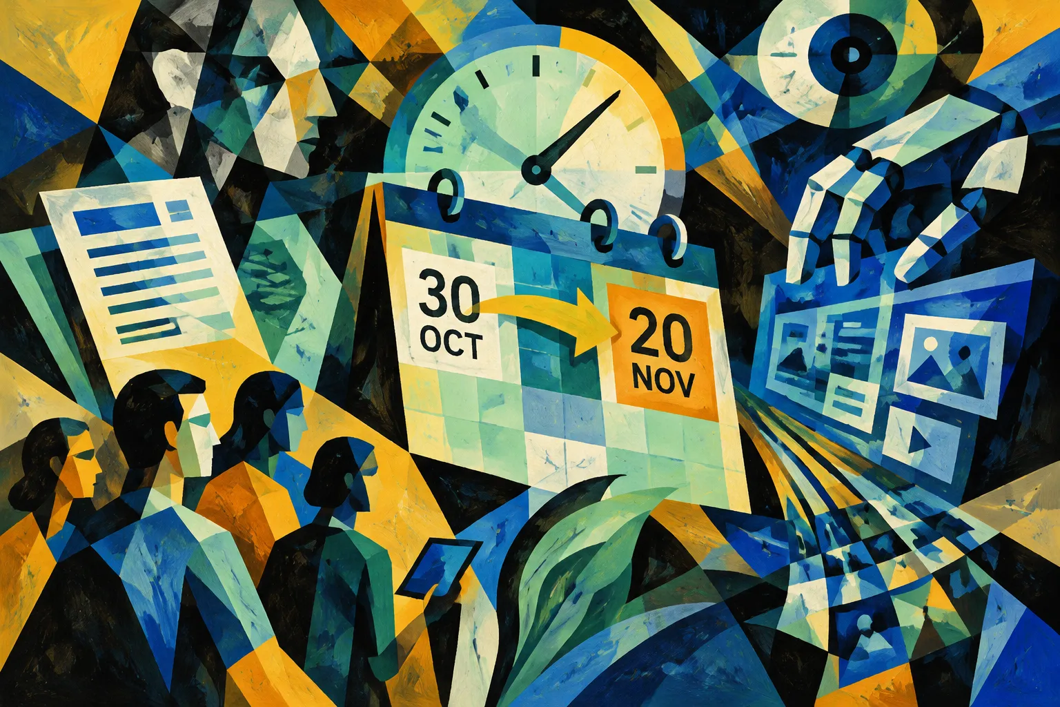 AI-generated conceptual illustration for “Meta delays new commercial terms from Oct. 30 to Nov. 20 after scraping concerns”.