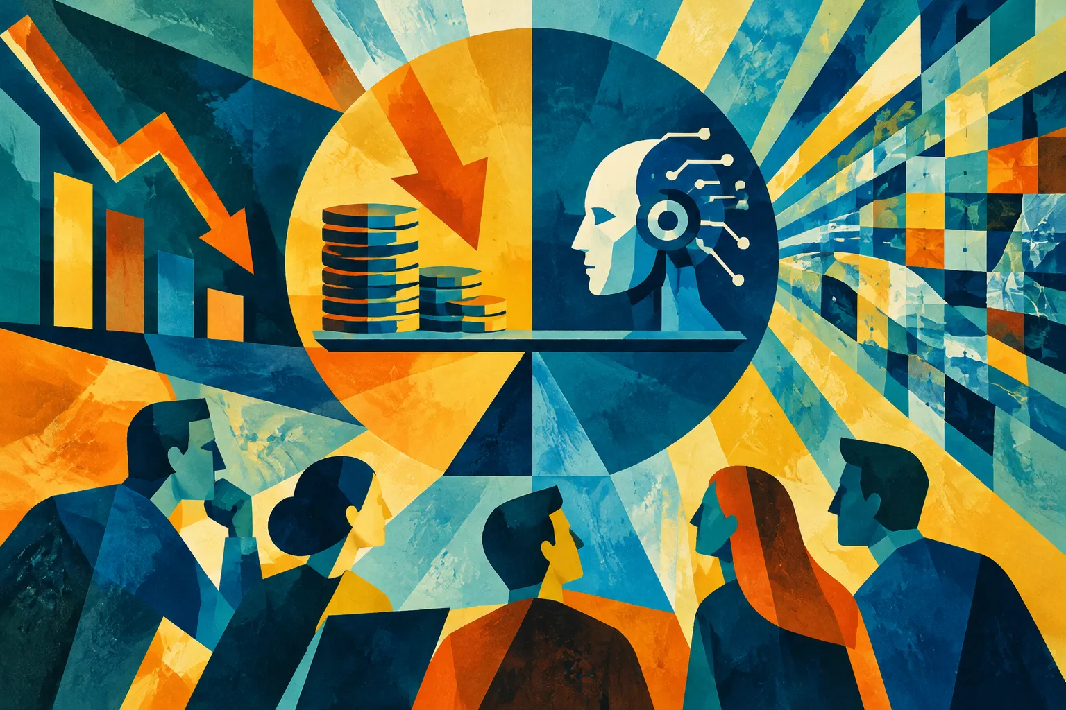 AI-generated conceptual illustration for “Digiday+ survey: 38% of agencies name client budget cuts, AI effects”.