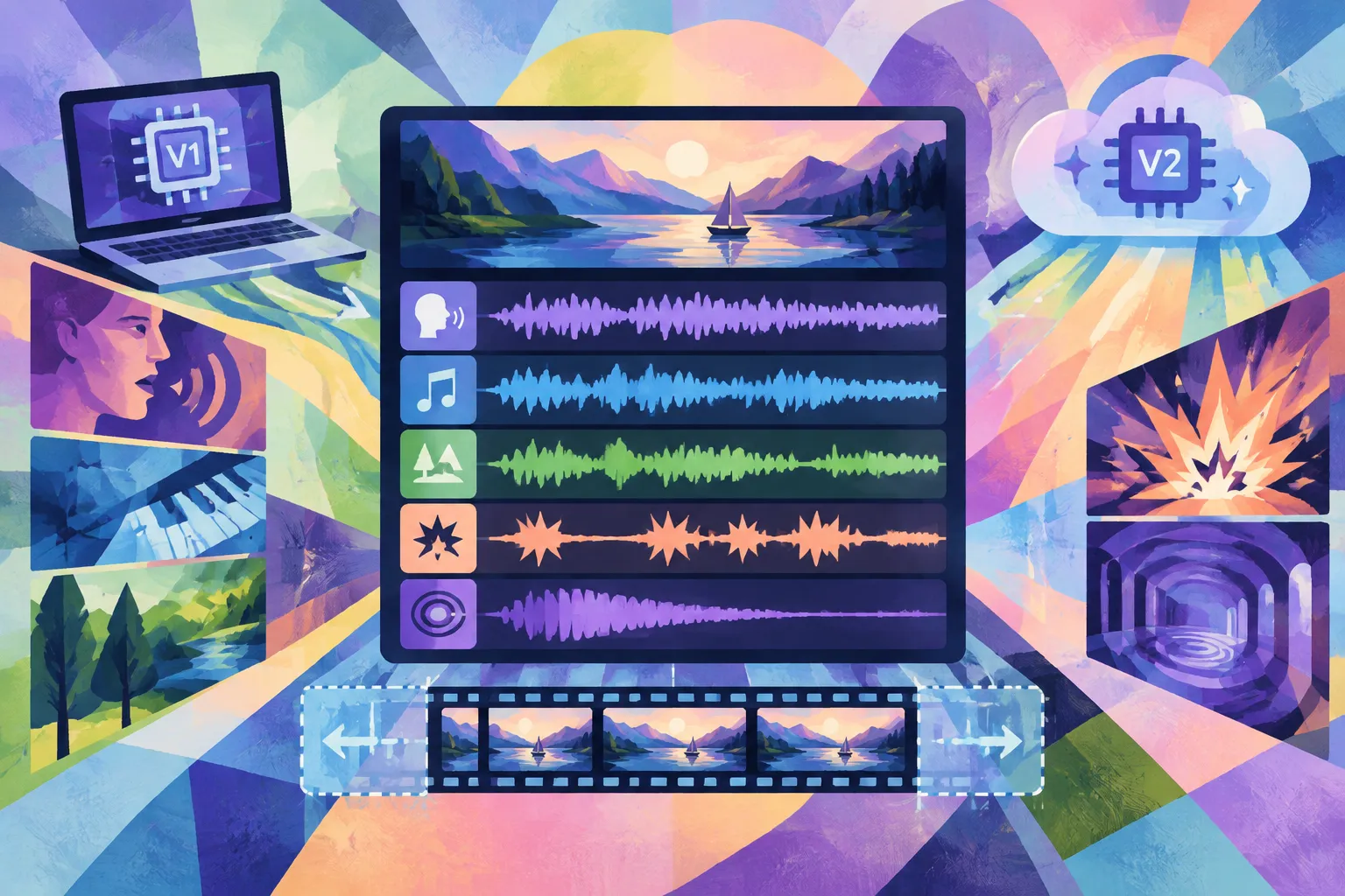 AI-generated conceptual illustration for “Premiere beta’s Enhance Audio separates clips into speech, music, ambience, effects and reverb so editors can salvage takes”.