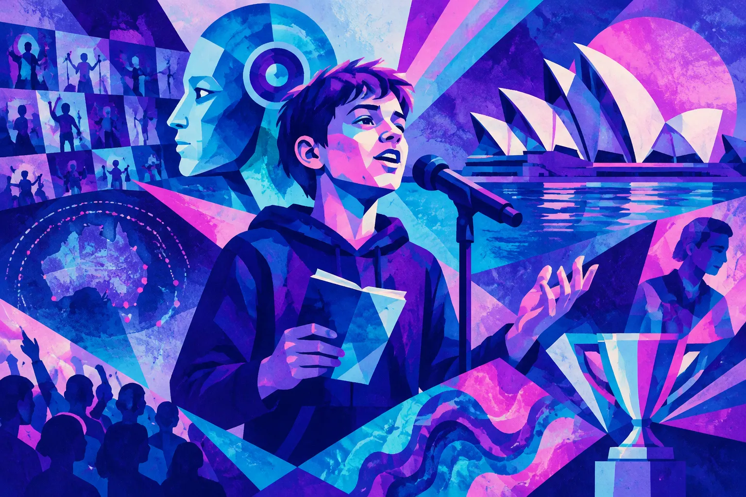 AI-generated conceptual illustration for “'Dear ChatGPT': 12-year-old wins top youth prize at Australian Poetry Slam”.