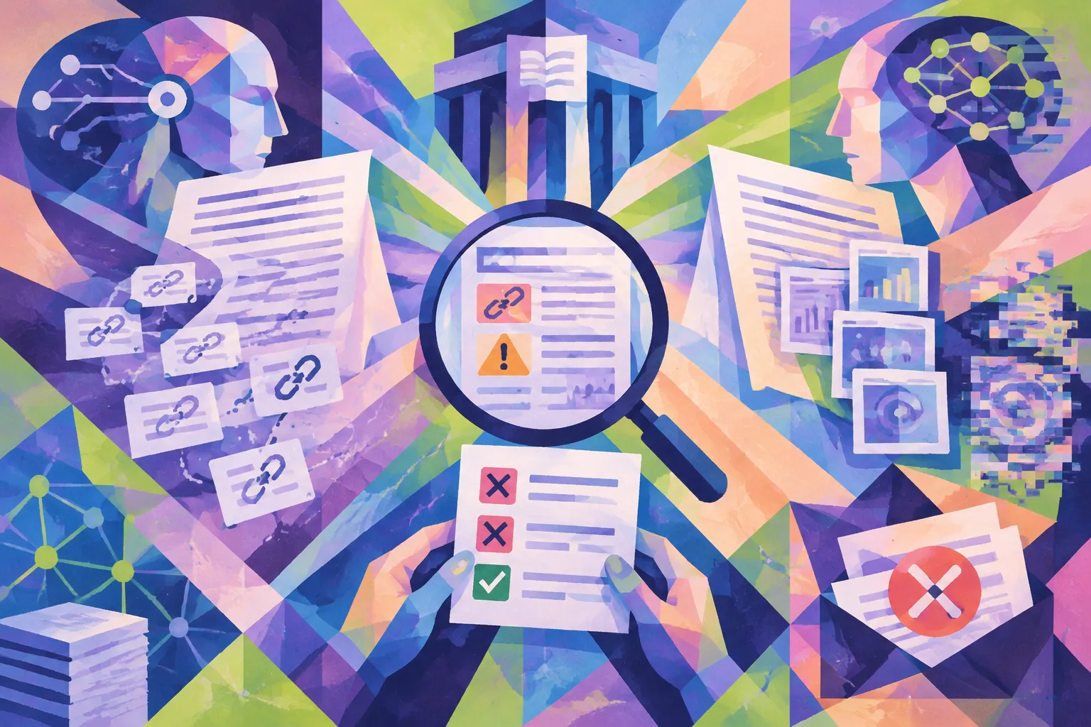 Ilustración conceptual generada con IA para «Experimento demuestra que la IA puede generar artículos científicos convincentes—pero detectables».