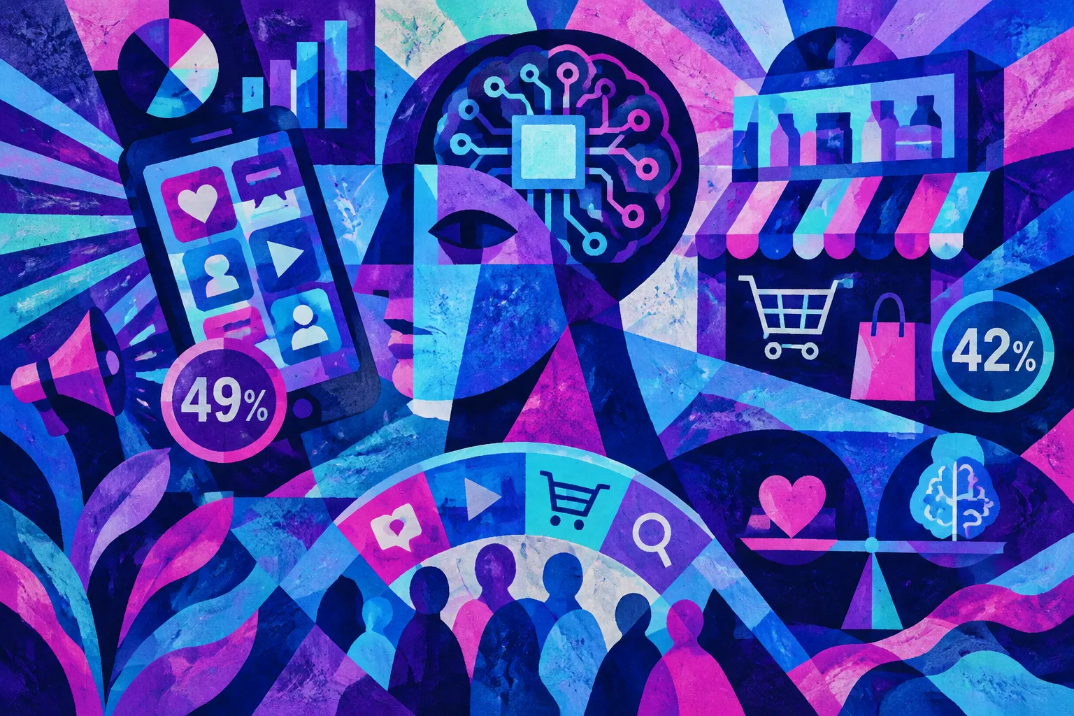Ilustración conceptual generada con IA para «Encuesta Digiday+ revela creciente uso de IA en redes sociales y medios minoristas pero confianza desigual».