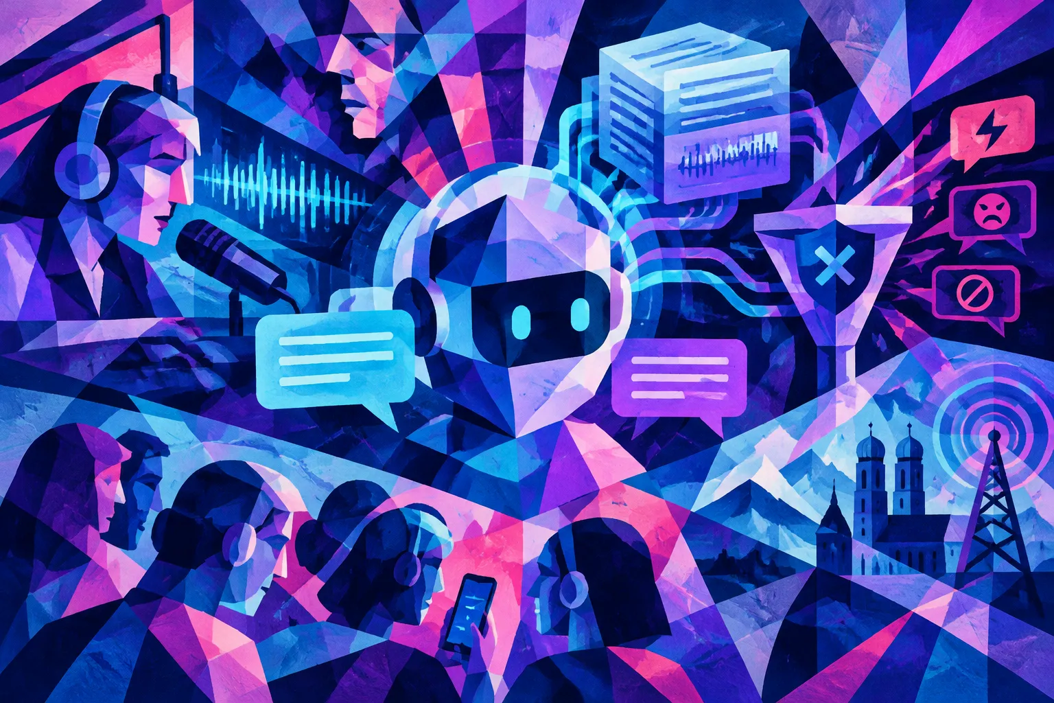 Ilustración conceptual generada con IA para «Emisoras bávaras de audio emplean IA para interacción en tiempo real con oyentes y soporte con voces sintéticas».