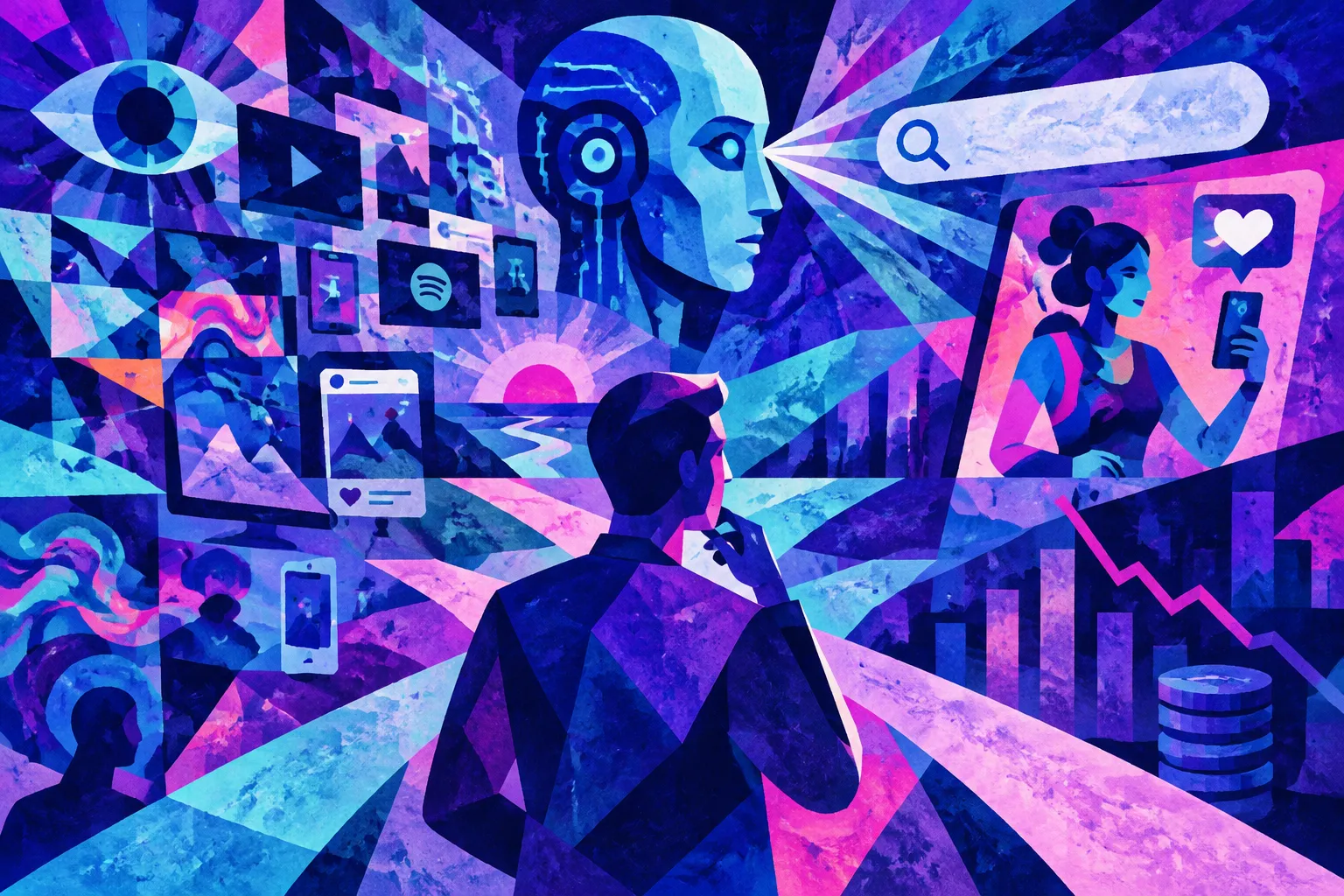 Ilustración conceptual generada con IA para «Digiday: Las agencias enfrentan un paisaje publicitario complejo moldeado por la búsqueda con IA y el marketing de creadores».