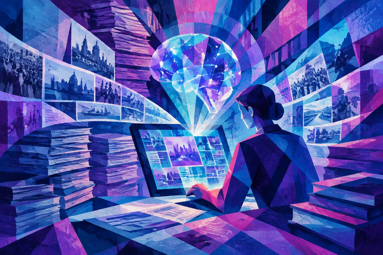 Ilustración conceptual generada con IA para «La inteligencia artificial crea nuevas oportunidades para que las redacciones accedan a décadas de reportajes».