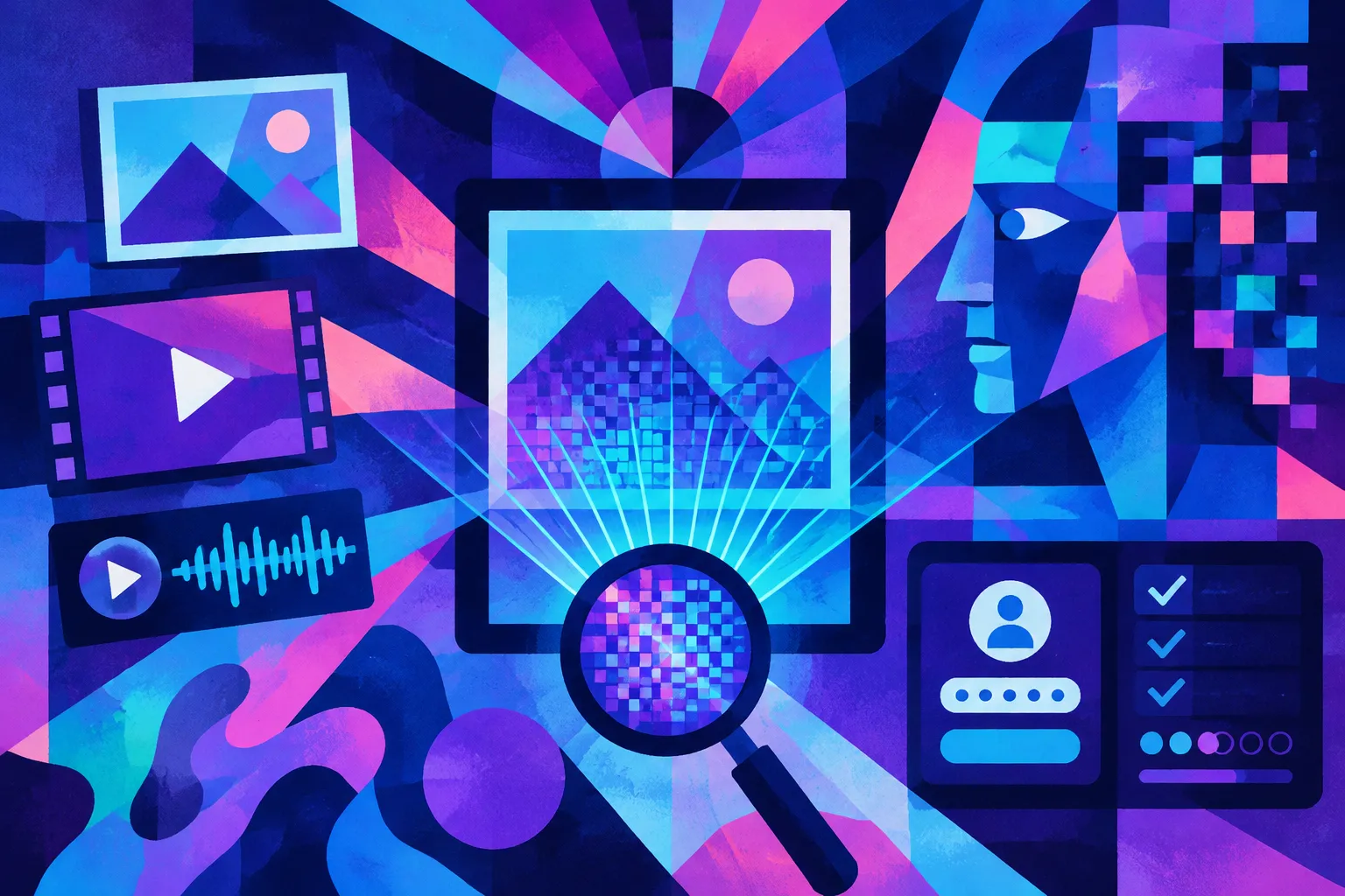 Ilustración conceptual generada con IA para «Google hace público SynthID Detector para escanear marcas de agua AI incrustadas».