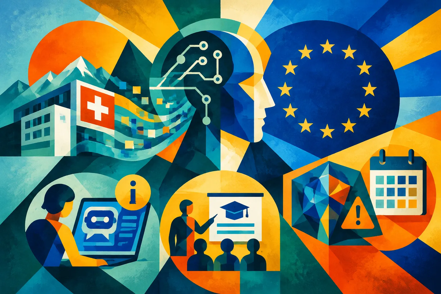 Ilustración conceptual generada con IA para «Lo que las empresas suizas que venden a la UE deben saber sobre la Ley de IA de la UE».
