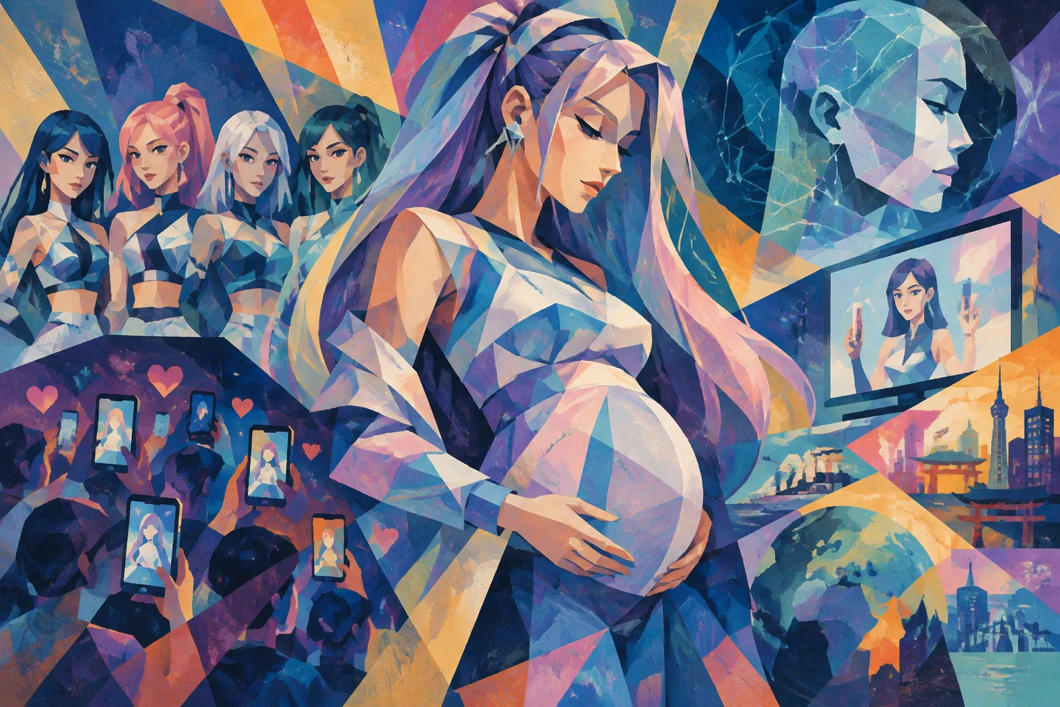 AI-generated conceptual illustration for “Virtual K-pop singer 'Mity' of AI-generated group Baby Queen steps away from the band citing pregnancy”.