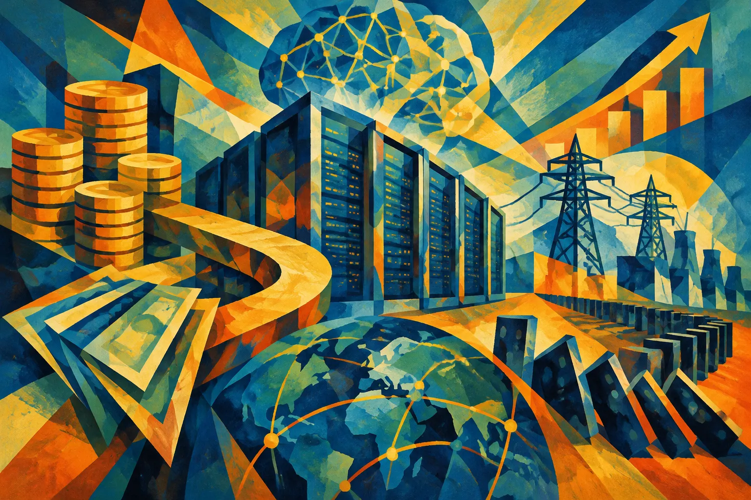 Ilustración conceptual generada con IA para «Informe advierte que la infraestructura de IA financiada con deuda podría crear contagio financiero».