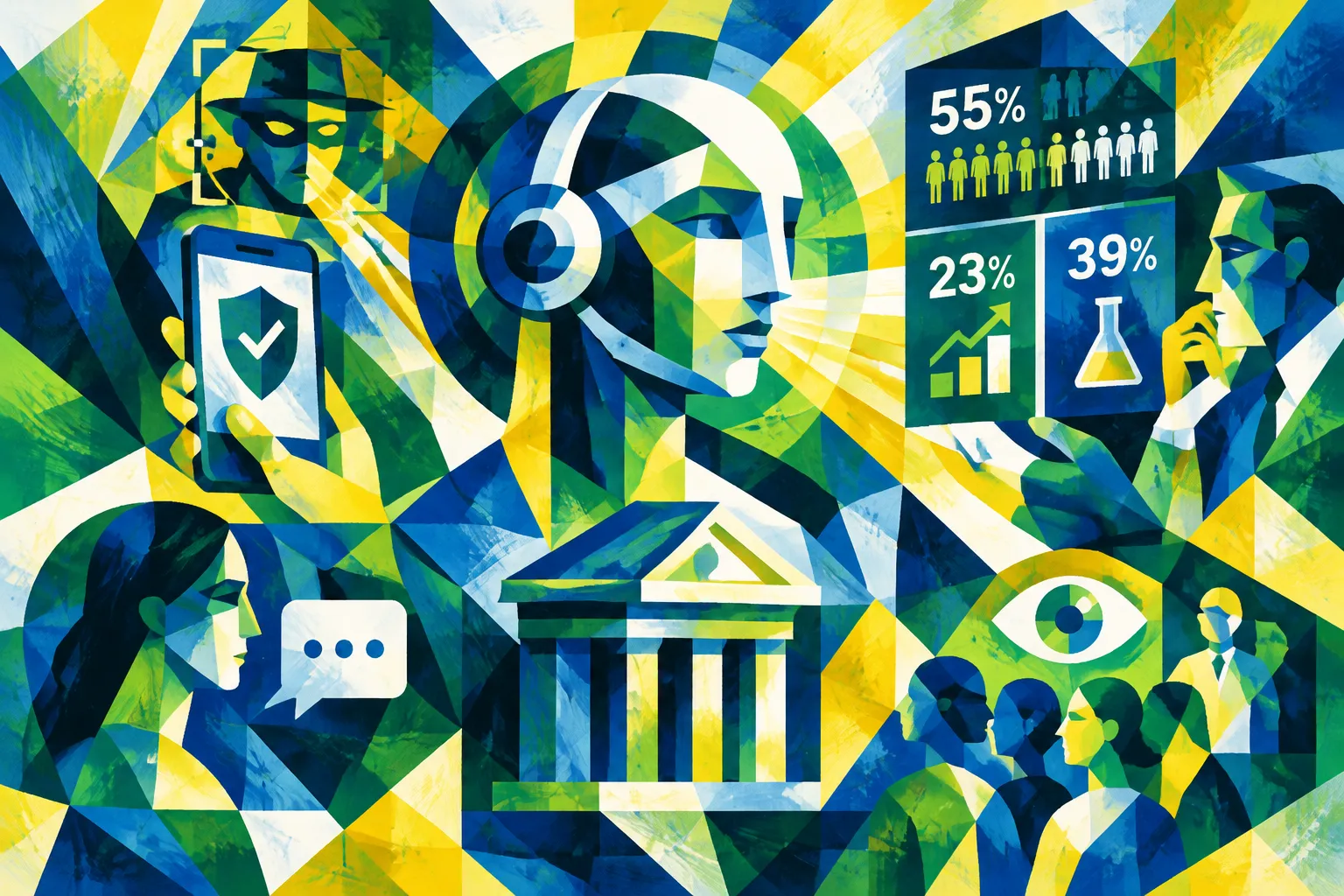 Ilustración conceptual generada con IA para «Encuesta europea: el 55% de los bancos indica usar IA agente en procesos con clientes».
