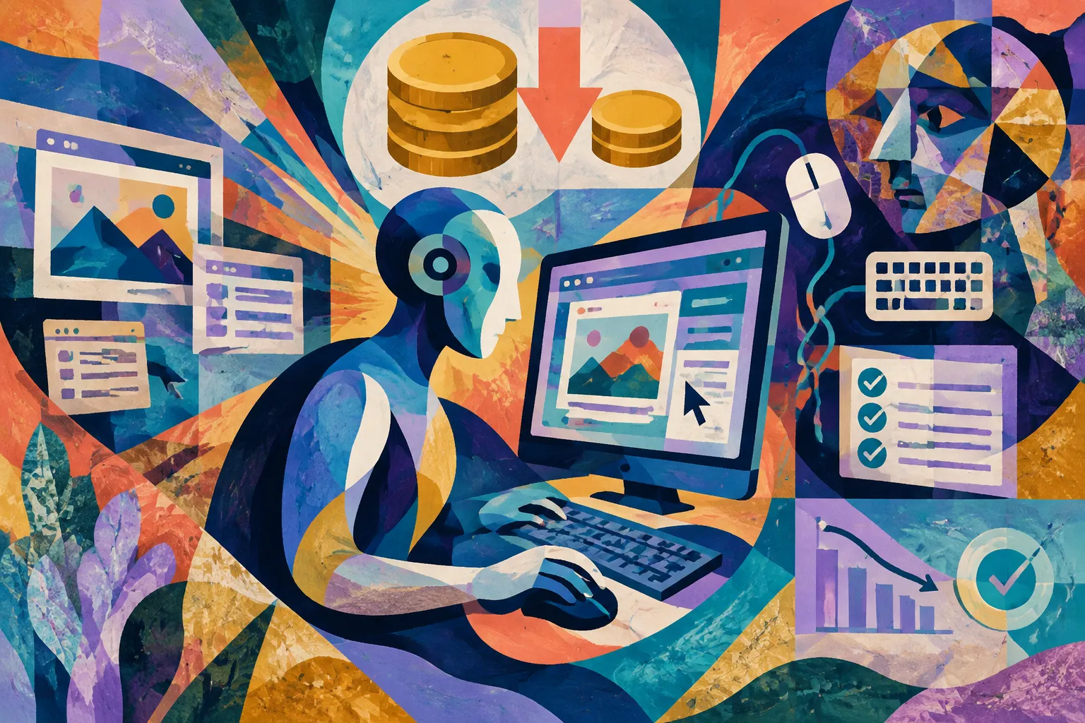 Ilustración conceptual generada con IA para «OpenAI reduce a la mitad el precio de GPT-6.1 Terra, un modelo que automatiza tareas de escritorio».