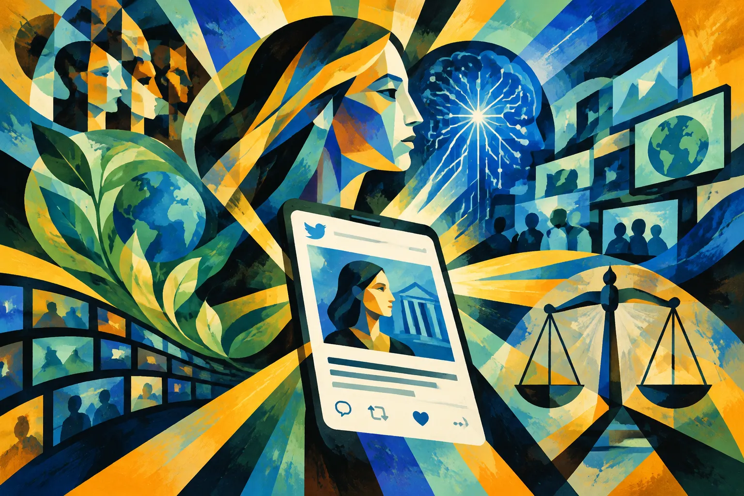 Ilustración conceptual generada con IA para «Convergencias de la mediatización profunda, la ecología de los medios y la inteligencia artificial generativa: implicaciones éticas para usos promocionales».