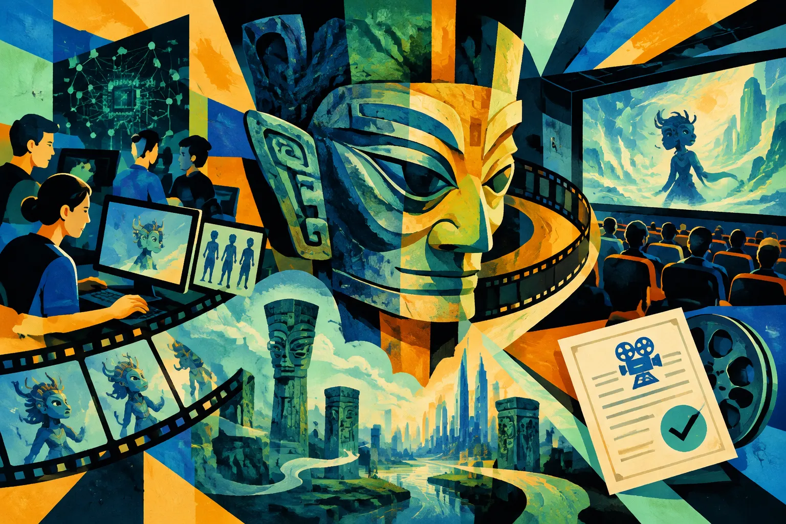 Ilustración conceptual generada con IA para «La primera película de China generada por IA, autorizada para cines y registrada como animación».