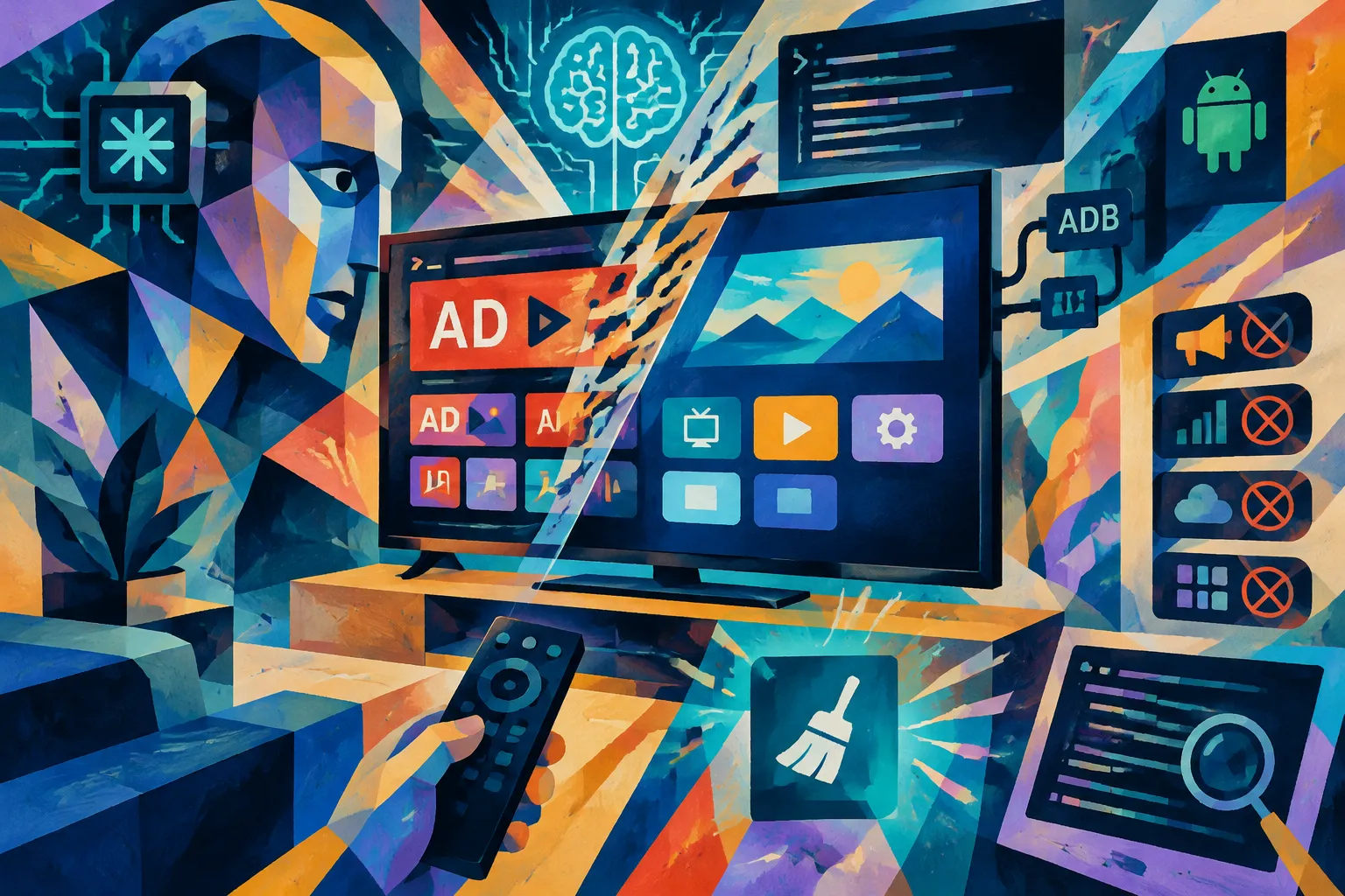 AI-generated conceptual illustration for “Users are applying AI agents to strip ads and simplify smart TV interfaces”.
