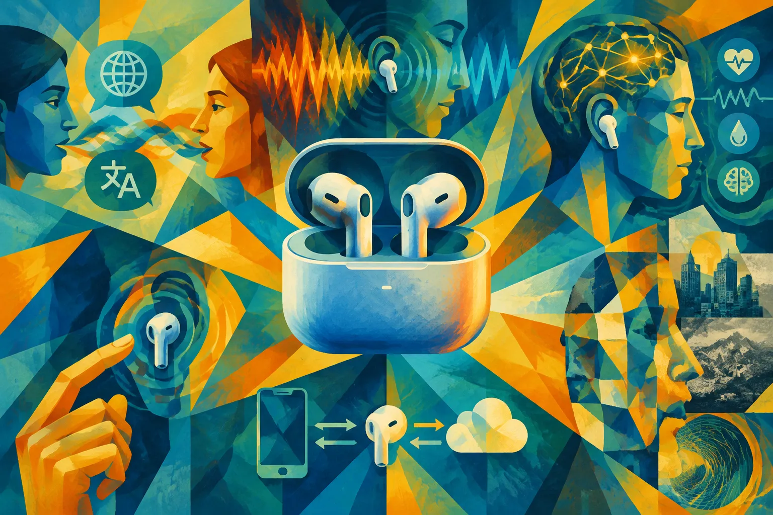 Ilustración conceptual generada con IA para «Lo que "IA" significa para los auriculares en 2026: usos confirmados y funciones experimentales».