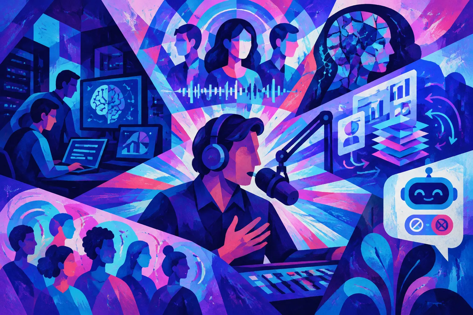 Ilustración conceptual generada con IA para «Antenne Bayern mantiene la IA estrictamente detrás del escenario, dice el CDO».