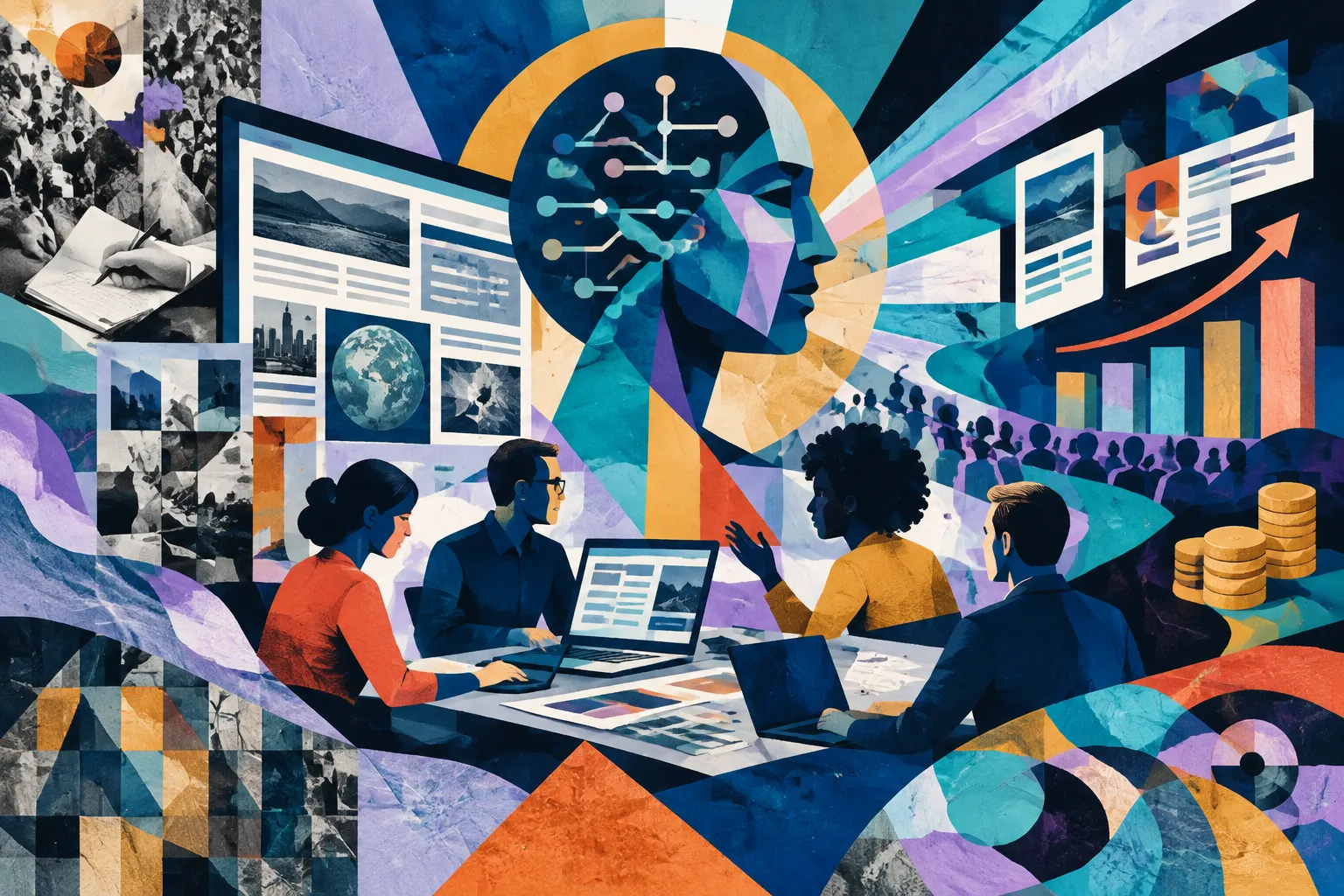 Ilustración conceptual generada con IA para «Clase magistral de INMA: las redacciones reinventan el periodismo mientras la IA expande la capacidad y cambia los modelos de ingresos».