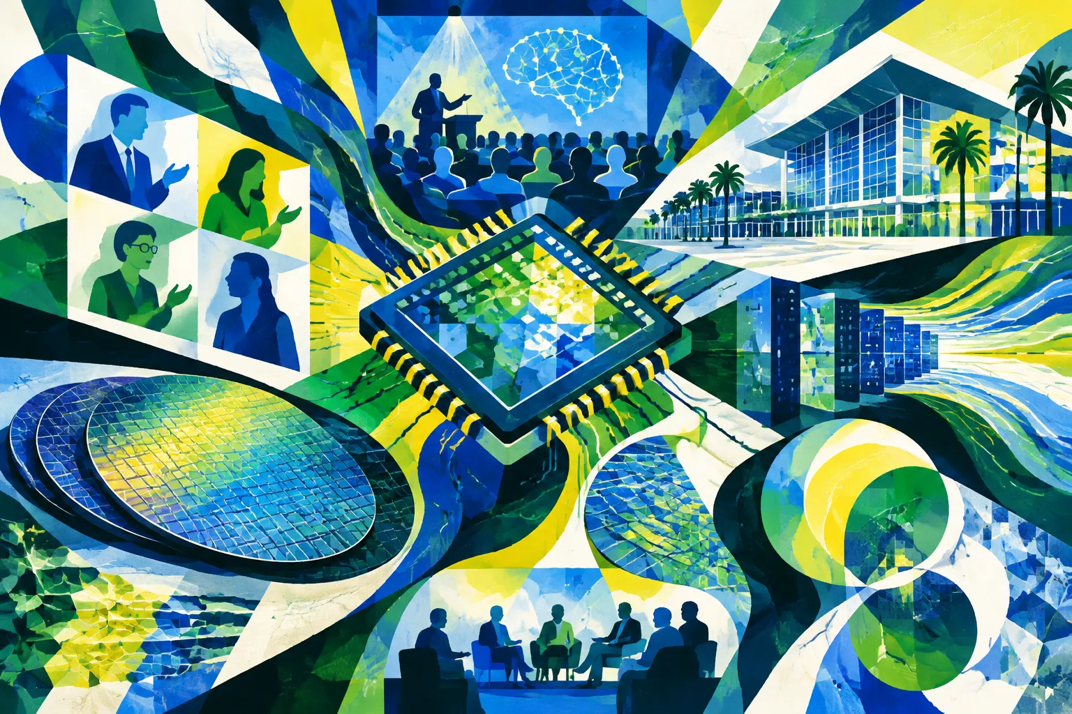 Ilustración conceptual generada con IA para «Fabricantes de chips de IA se reúnen en Santa Clara para la Cumbre de CEOs de CASPA, 23–24 de octubre».