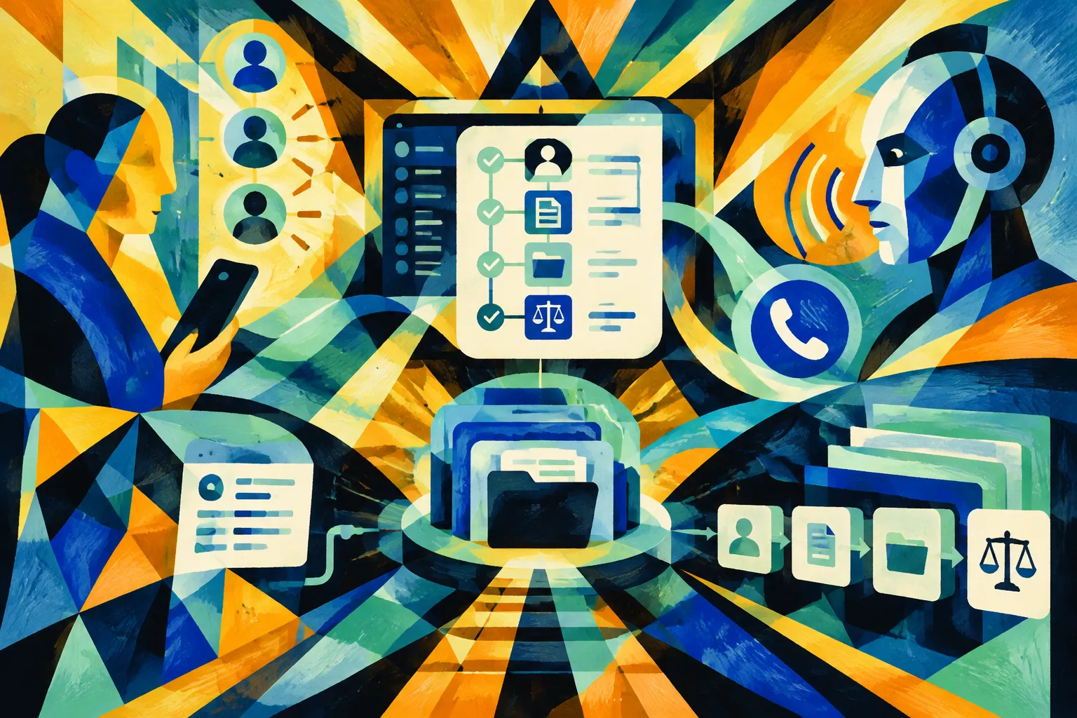 AI-generated conceptual illustration for “Clio unveils unified legal platform with agentic workflows, AI phone system and new DMS”.