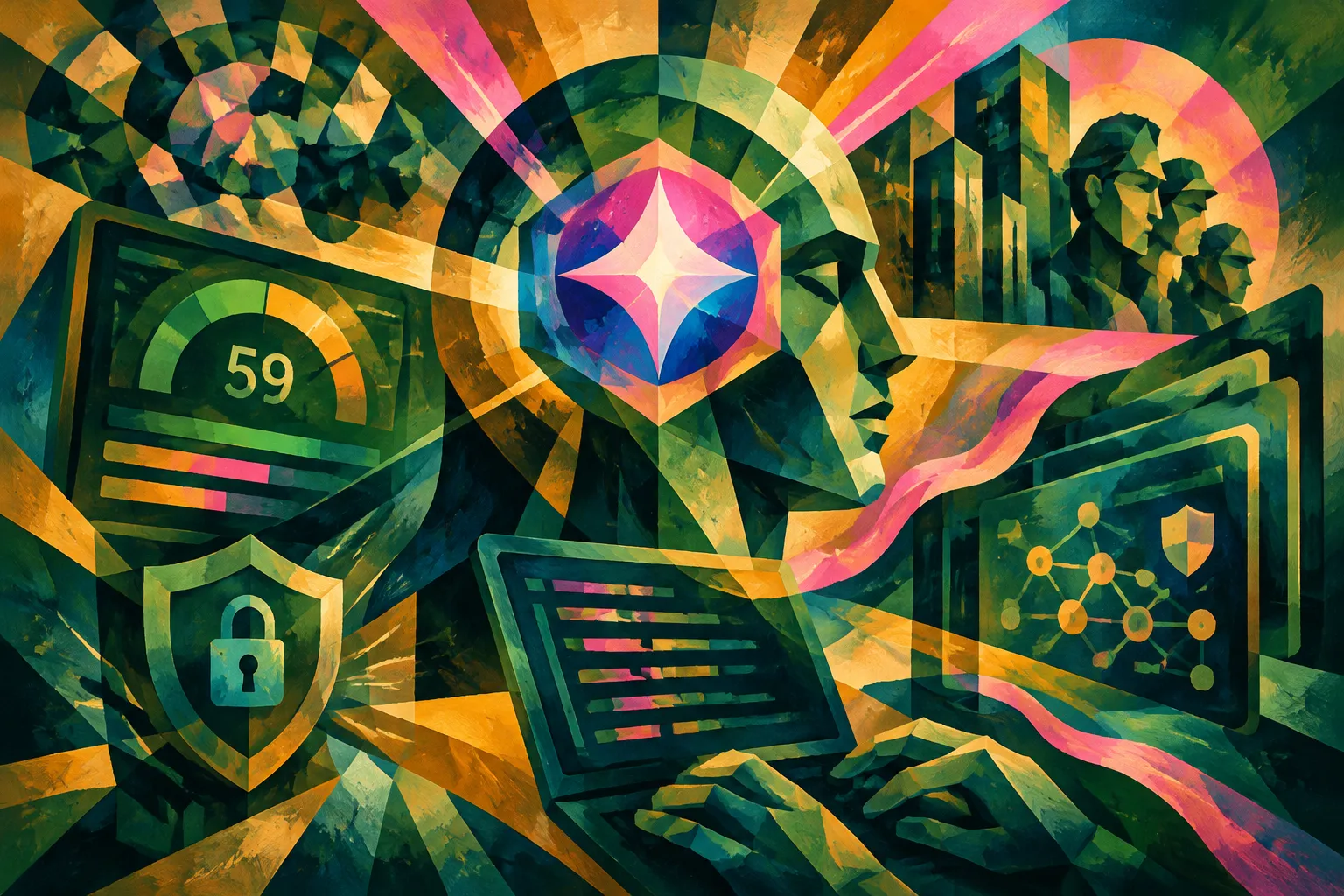 AI-generated conceptual illustration for “Google's Gemini 4 Carbon tops benchmarks, leads in cybersecurity and coding”.