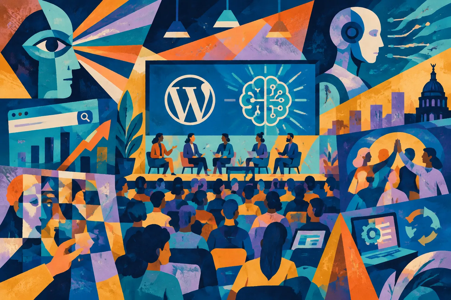 Ilustración conceptual generada con IA para «El WP Agency Forum 2026 en Madrid destaca debates estratégicos impulsados por IA para agencias de WordPress».