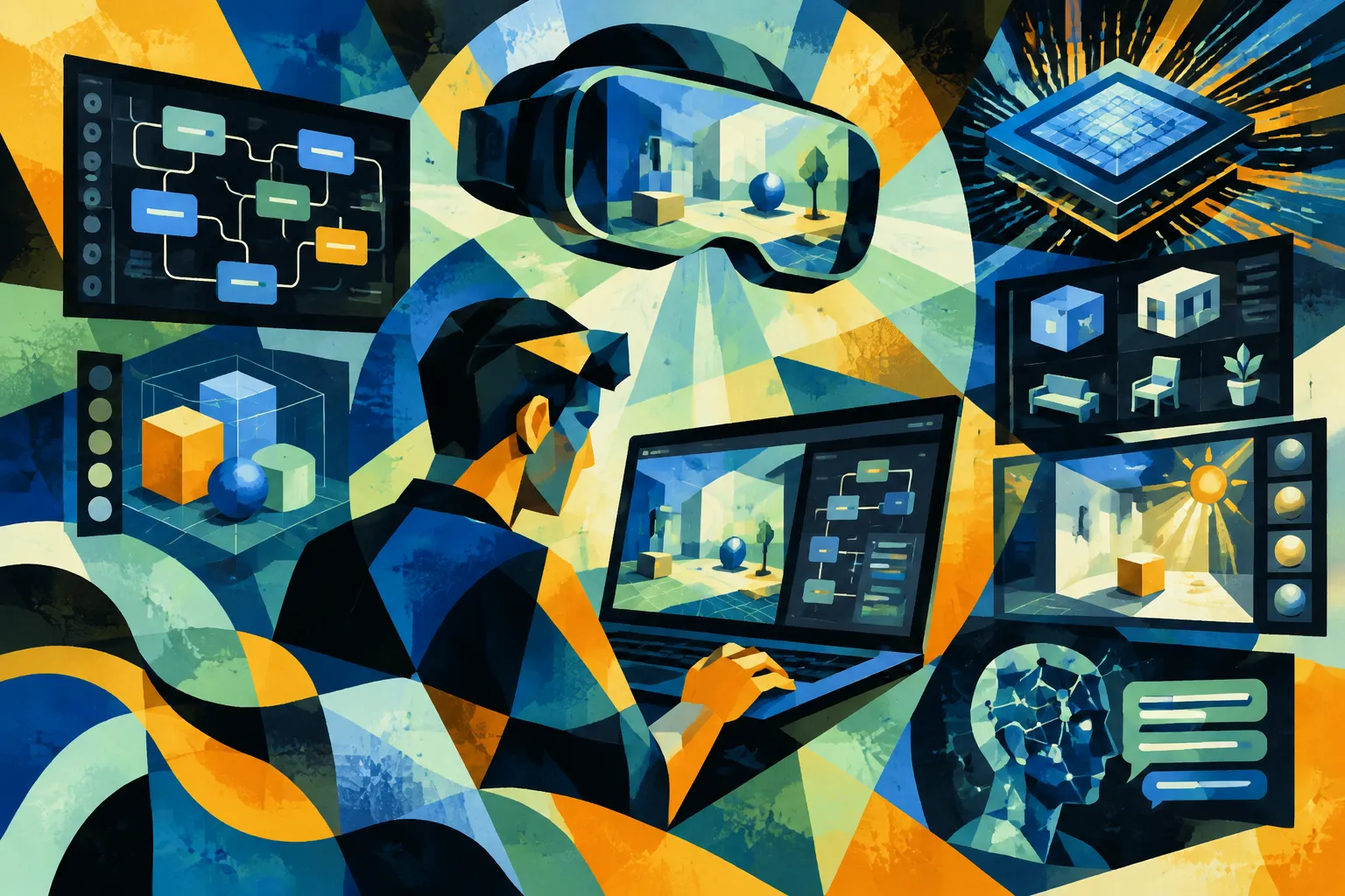 Ilustración conceptual generada con IA para «Reality Composer Pro 3 acelera los flujos de trabajo espaciales para visionOS con herramientas visuales e IA».