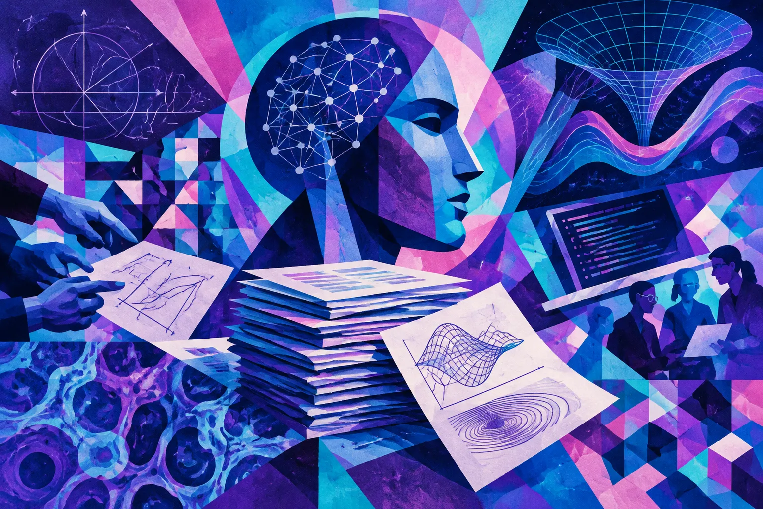 Ilustración conceptual generada con IA para «OpenAI afirma que sus modelos produjeron nuevas demostraciones en matemáticas, informática y física».