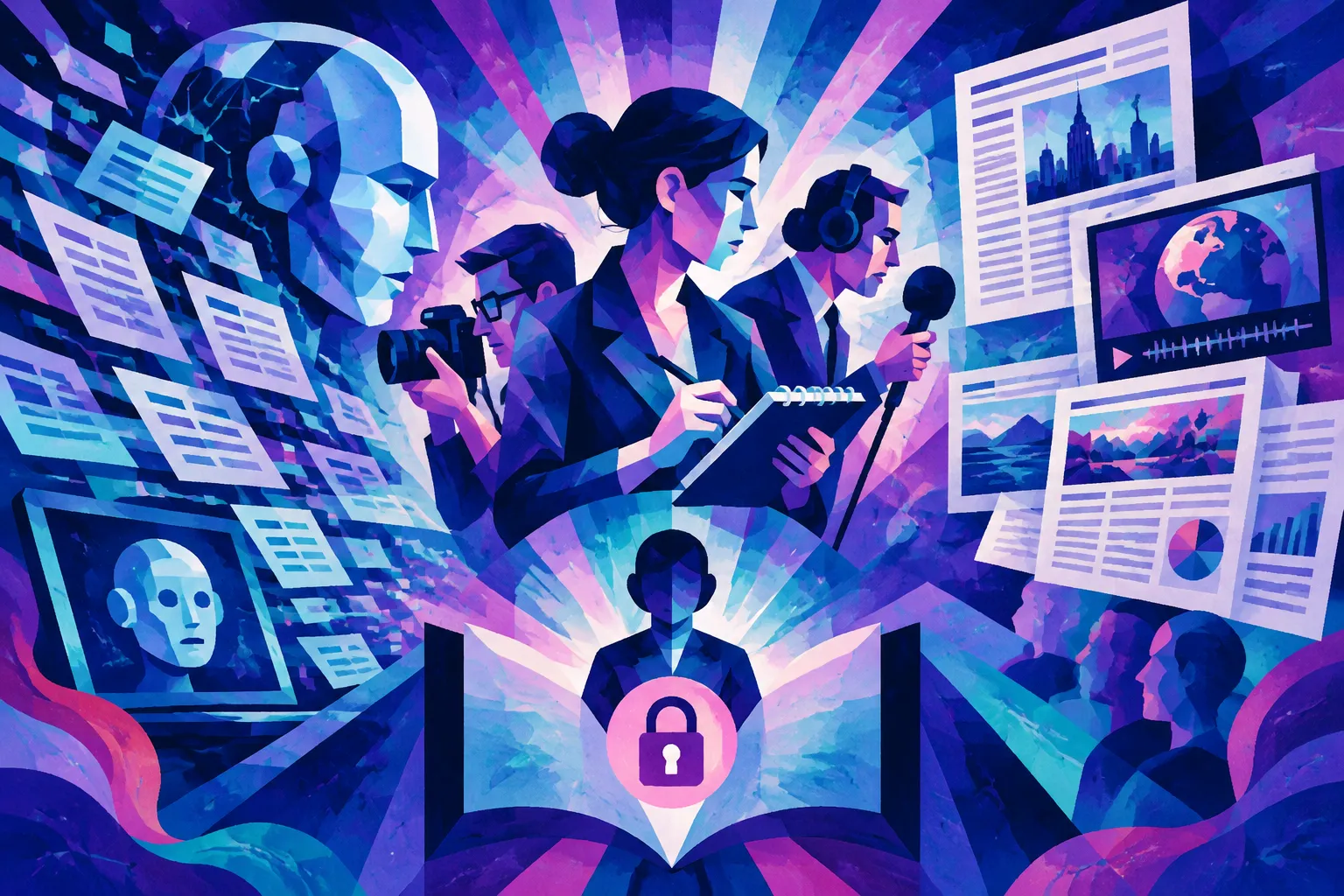 Ilustración conceptual generada con IA para «Los editores venden cómo se hace el periodismo para defender las suscripciones en la era de la IA».