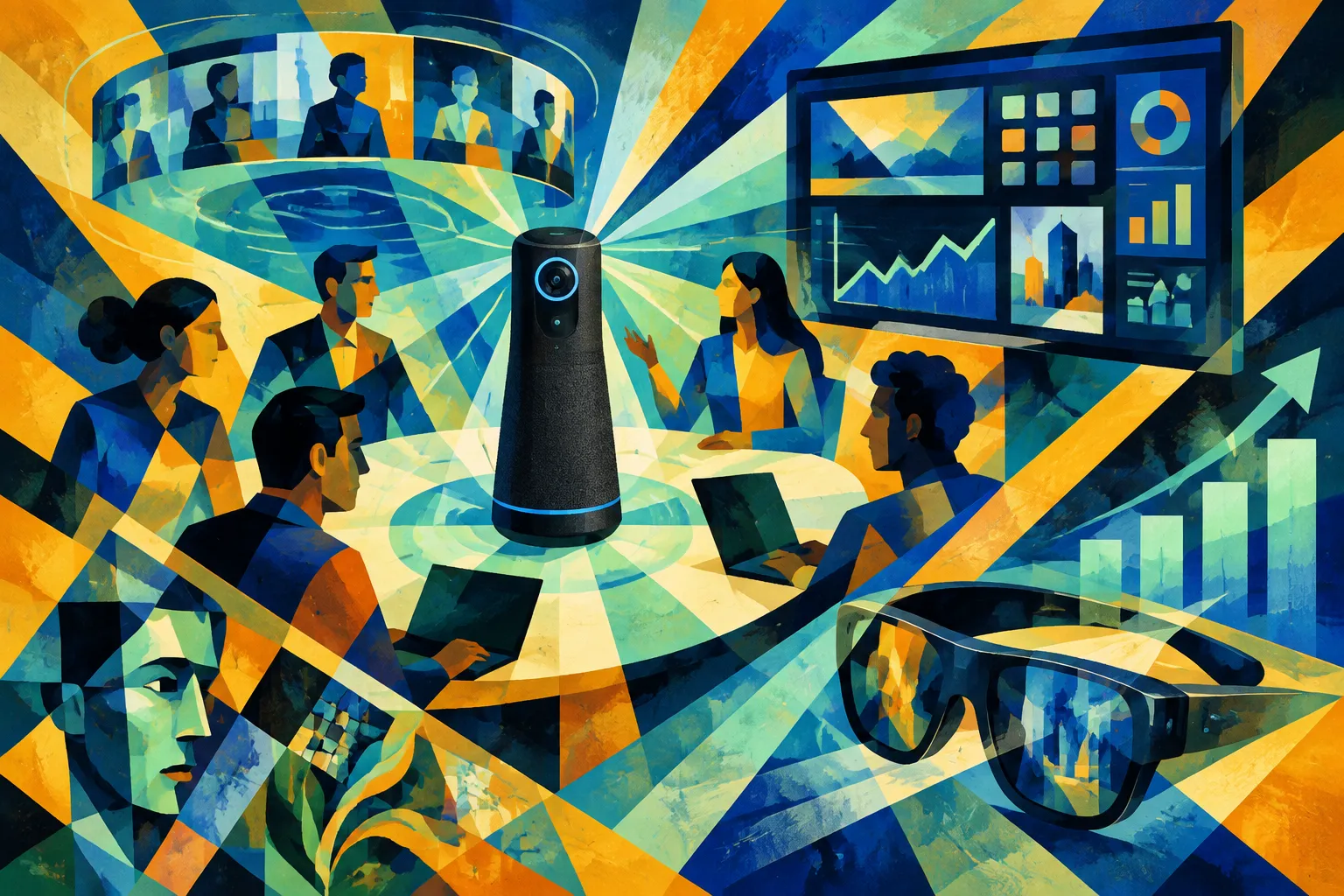 AI-generated conceptual illustration for “Owl Labs’ Meeting Owl 5, Navori’s Qompose and growing AI-glasses revenues”.