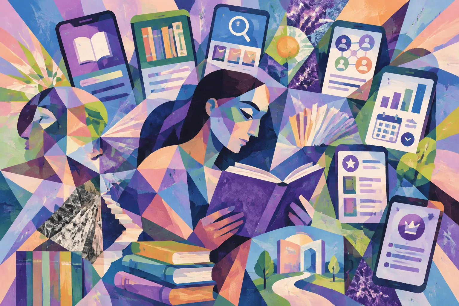 AI-generated conceptual illustration for “TechCrunch roundup: six newer apps for tracking reading and discovering books”.