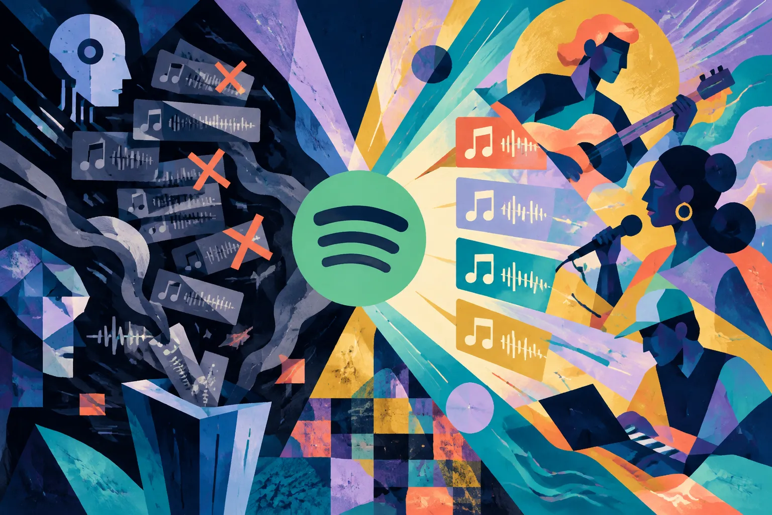 Ilustración conceptual generada con IA para «Spotify cambia su algoritmo de recomendación para limitar el spam generado por IA y promover a artistas reales».
