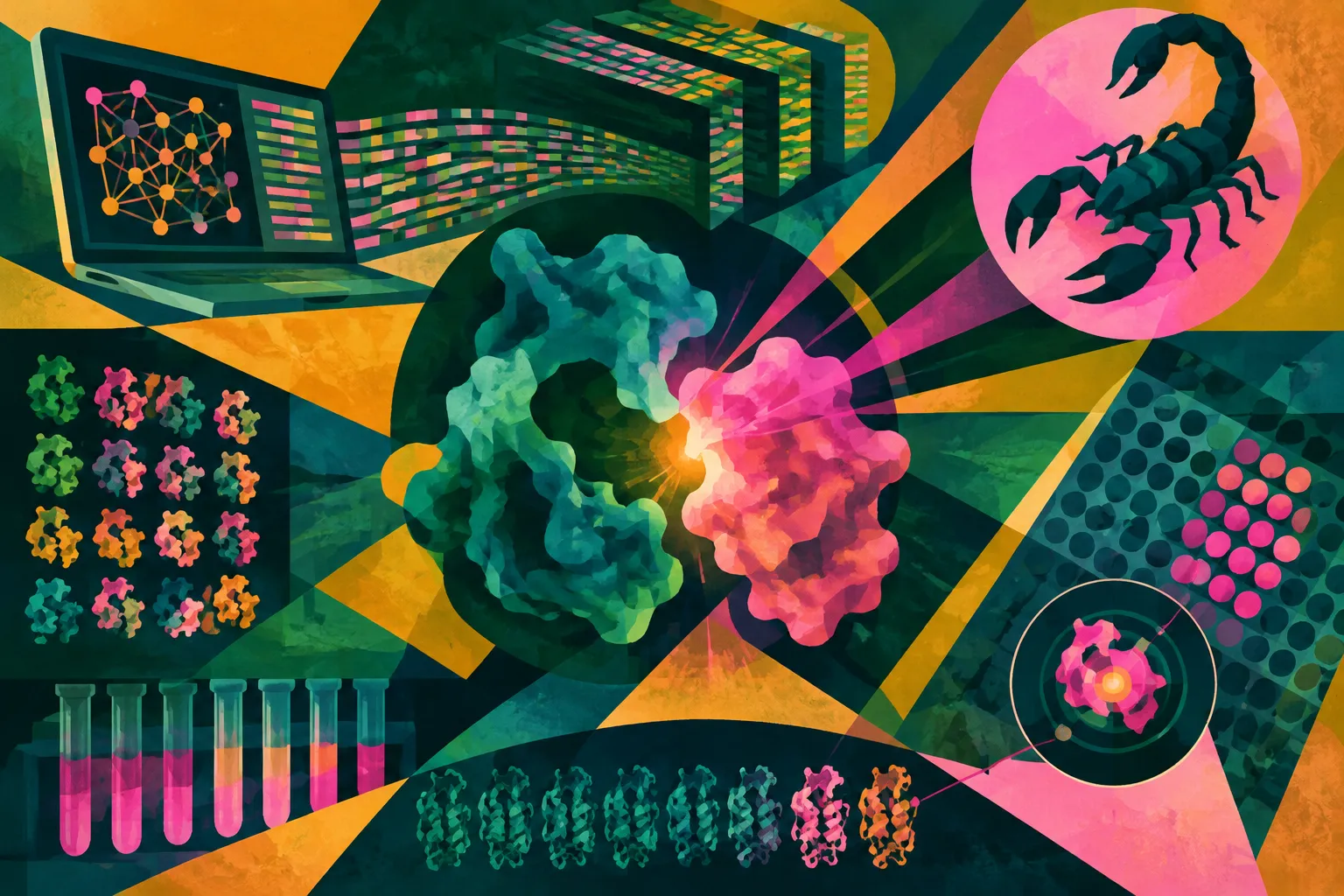AI-generated conceptual illustration for “Anthropic’s Claude generated over 318,000 protein designs; 211 were tested and 17 bound scorpion toxin with single‑digit nanomolar affinity”.