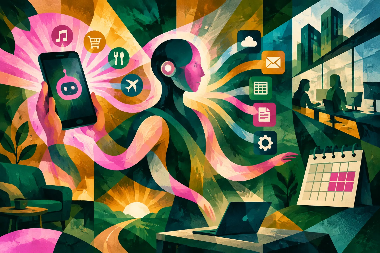 Ilustración conceptual generada con IA para «Los agentes personales de IA pasan de ser una curiosidad para consumidores a una realidad empresarial».