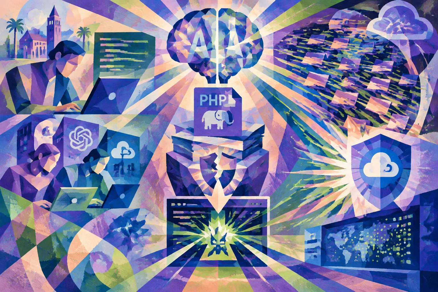 Ilustración conceptual generada con IA para «El análisis asistido por IA ayudó a investigadores y atacantes a convertir fallos antiguos de PHP en exploits inmediatos».