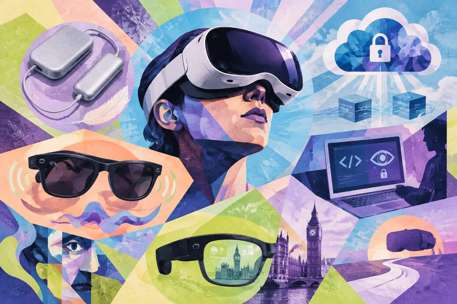 Ilustración conceptual generada con IA para «Meta Connect 2026: gafas de realidad virtual ligeras de 100 g, Ray-Ban Audio sin cámara y detalles de procesamiento privado».