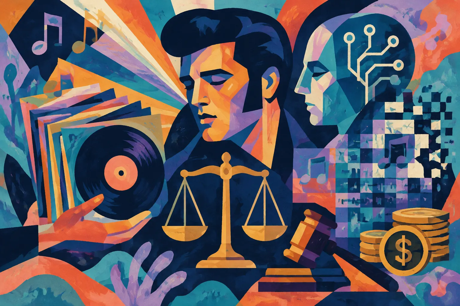 AI-generated conceptual illustration for “Elvis estate sues Anthropic, claiming unauthorized use of hundreds of songs and $41 million in damages”.