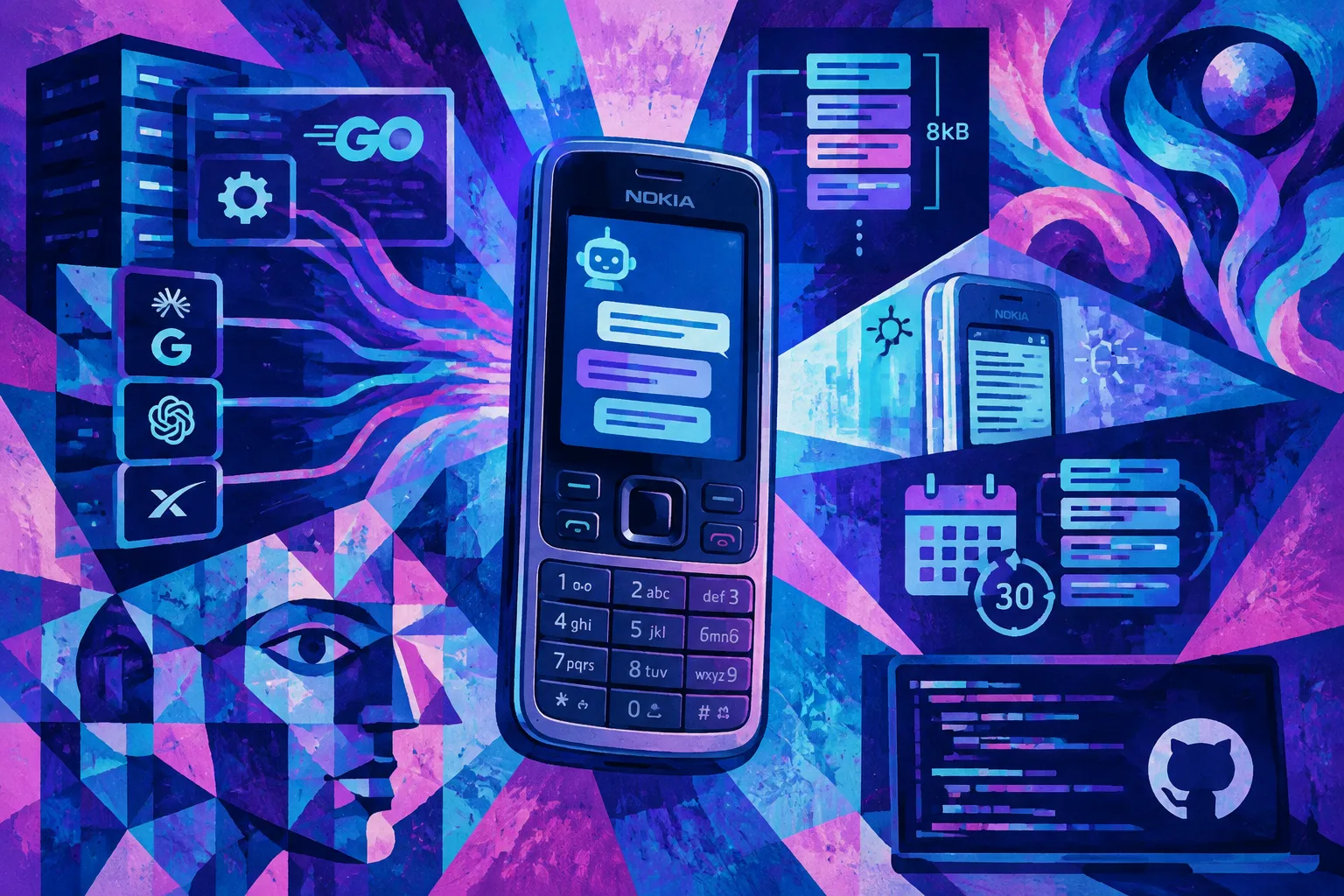 Ilustración conceptual generada con IA para «Un desarrollador adapta chatbots modernos al Nokia 6300 2G con la nueva aplicación Aikon».