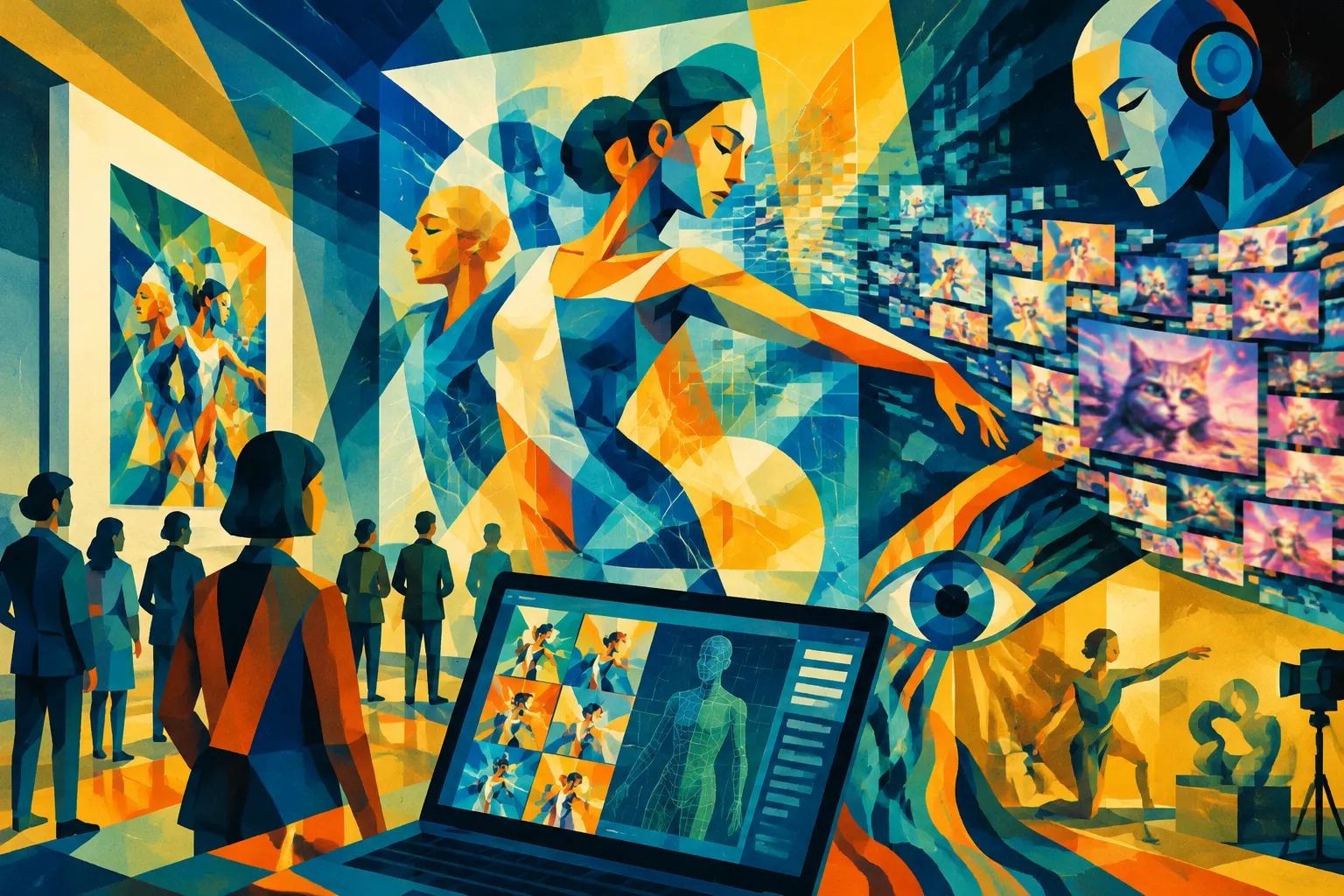 Ilustración conceptual generada con IA para «El cartel de Ayoung Kim habilitado por IA revela una paradoja: las galerías anuncian obras que critican la IA».