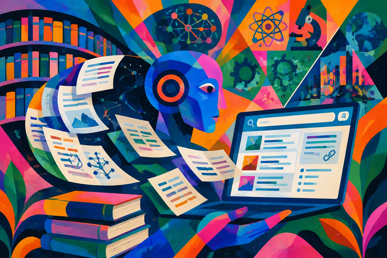 AI-generated conceptual illustration for “IEEE Xplore Digital Library Adds an AI research assistant for STEM literature”.